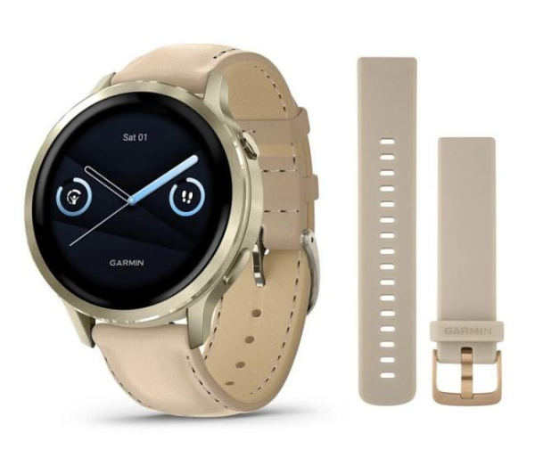 GARMIN VENU 4 – 41 mm Lunar Gold with Bone Silicone+Light Sand Leather Band 010-03013-03 010-03013-03 от прозводителя Garmin