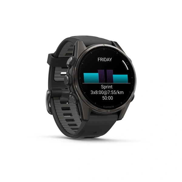 Garmin Fenix ​​8 — 43 мм AMOLED — Sapphire Edition Carbon Grey DLC Титан с силиконовым ремешком черно/серого цвета 010-02903-21 от прозводителя Garmin